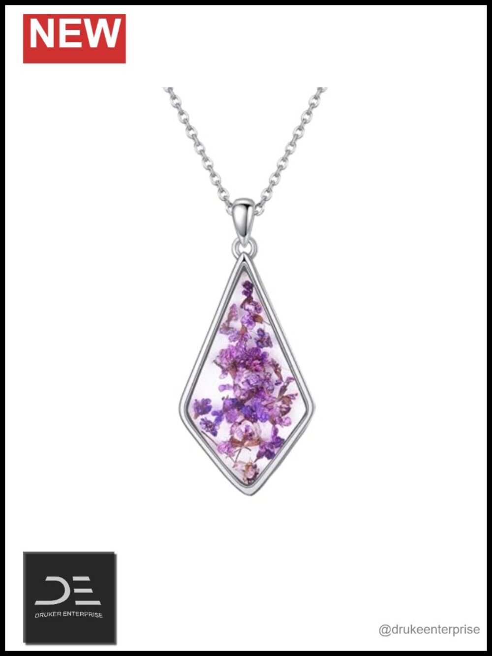 Sterling Silver Pressed Dried Flower Pendant Necklace Adjustable 18+2in